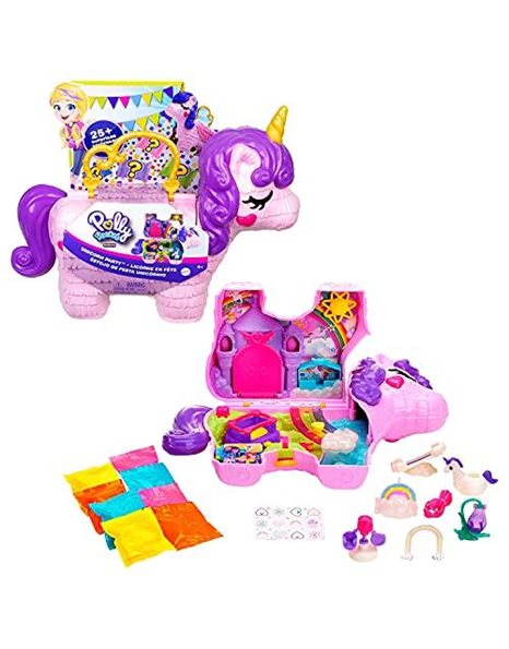 Polly Pocket Micro, Unicorn Party Playset, Pink Unicorn Toy with Purple Hair, 25 Toy Surprises Inside, Toys for Ages 4 and Up, One Polly Pocket Playset, GVL88