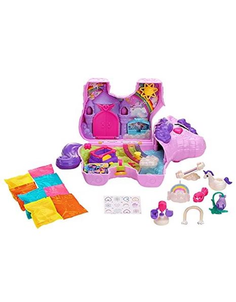 Polly Pocket Micro, Unicorn Party Playset, Pink Unicorn Toy with Purple Hair, 25 Toy Surprises Inside, Toys for Ages 4 and Up, One Polly Pocket Playset, GVL88