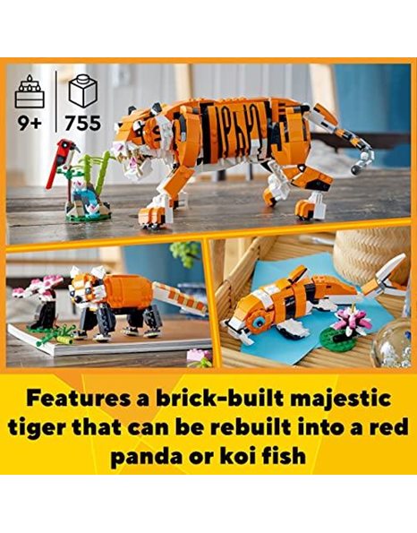 LEGO 31129 Creator 3 in 1 Majestic Tiger to Panda or Koi Fish Set, Animal Figures, Collectible Building Toy, Gifts for Kids, Boys & Girls 9 Plus Years Old