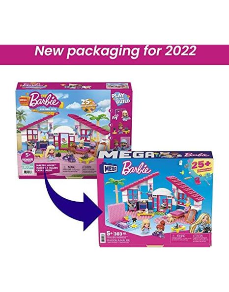 Barbie ??MEGA Barbie Malibu House Building Set with 303 bricks and special pieces, accessories and 2 micro-dolls, toy gift set for ages 5 and up ?