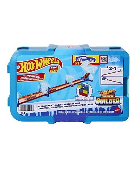 Hot Wheels Track Set with 1 Hot Wheels Car, Ice-Themed Track Building Set with 10 Track Pieces in a Modular and Stackable Storage Box, HKX40