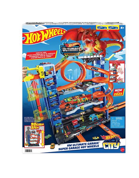 Hot Wheels Ultimate Garage City Playset with Multi-Level Racetrack, 3 Foot Tall Dragon and Elevator, Parks 50 Cars, Includes 2 Toy Cars, Toys for Ages 4 and Up, One Pack, HKX48