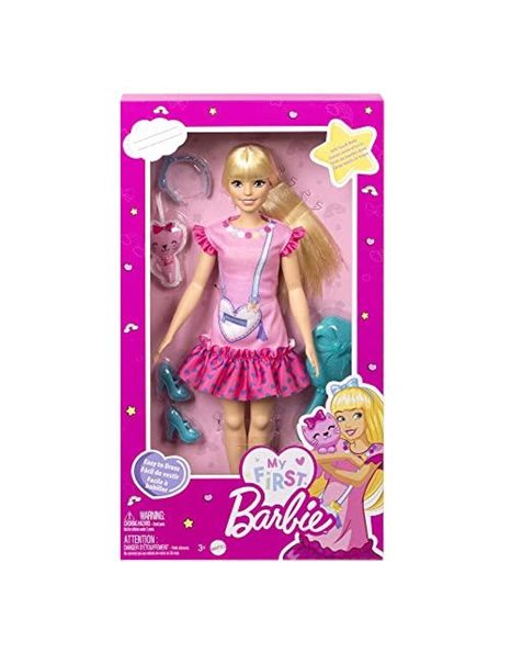 Barbie Doll for Preschoolers, My First Barbie “Malibu” Doll, 13.5 Inch doll, Blonde Hair Kids Toys and Gifts, Plush Kitten, Accessories, Soft Poseable Body, from 3 Years, HLL19