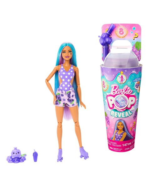 ?Barbie Pop Reveal Fruit Series Doll, Grape Fizz Theme with 8 Surprises Including Pet & Accessories, Slime, Scent & Color Change, HNW44