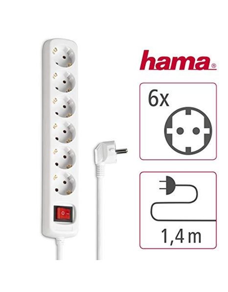 Hama 6-way socket (multiple socket with Save Energy switch for energy saving, slots rotated 45 degrees, cable 1.4 m, GS tested, multiple plug for home office) white