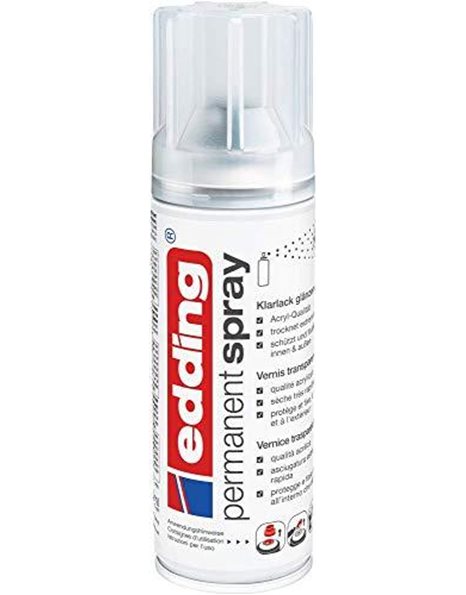 edding 5200 permanent spray clear lacquer - transparent glossy - 200 ml - acrylic paint finishing spray with a glossy finish - for sealing and protecting paint - acrylic clear paint