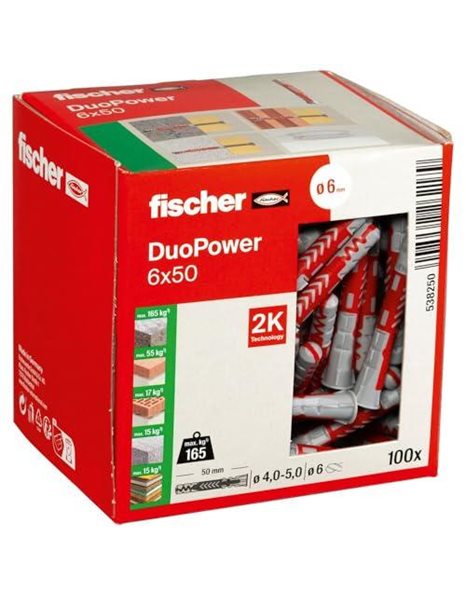 fischer DuoPower 6 x 50, Powerful Universal Plug with Intelligent 2-Component Technology for fastenings in Concrete, Bricks, Gypsum plasterboard, chipboard, etc., 100 Plugs Without Screws