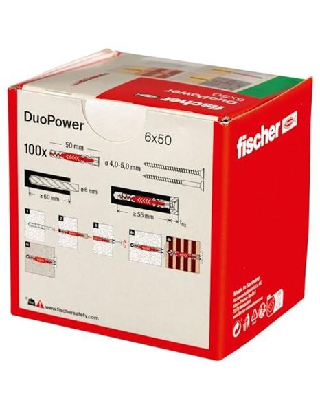 fischer DuoPower 6 x 50, Powerful Universal Plug with Intelligent 2-Component Technology for fastenings in Concrete, Bricks, Gypsum plasterboard, chipboard, etc., 100 Plugs Without Screws