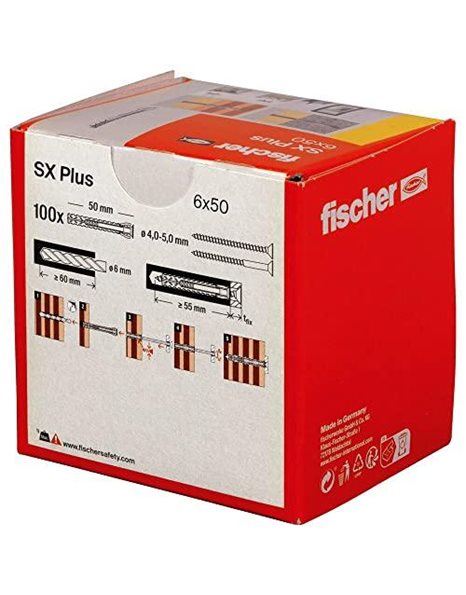fischer 568106 SX Plus Expansion Wall Plug, 6mm x 50mm, Pack of 100