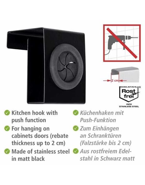 WENKO Hook by Push, high-quality kitchen magic hook made of stainless steel in matt black for hanging on the drawer or cupboard door, dish towels are simply inserted, 5 x 6 x 4 cm