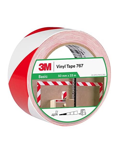 3M Hazard Marking Vinyl Tape 767i, 50 mm x 33 m, Red and White