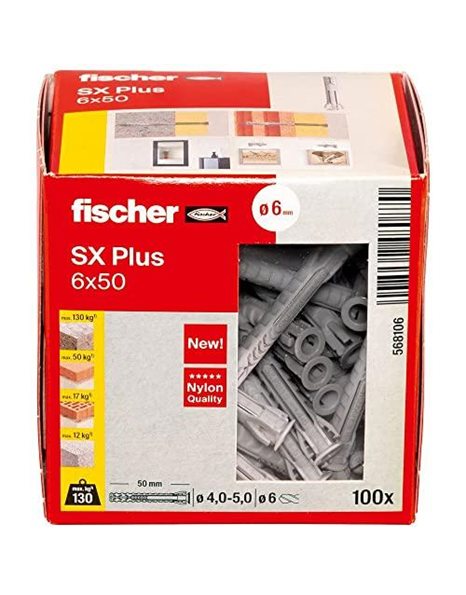 fischer 568106 SX Plus Expansion Wall Plug, 6mm x 50mm, Pack of 100