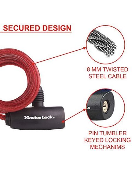 MASTER LOCK Bike Lock Cable, 2 Keys, 1.8 m Coiling Cable, Outdoor, Random Colour, 1.8 m x 0.8 cm