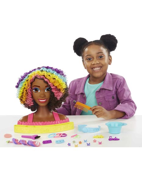 Barbie Doll Deluxe Styling Head with Color Reveal Accessories and Curly Brown Neon Rainbow Hair, Doll Head for Hair Styling, HMD79