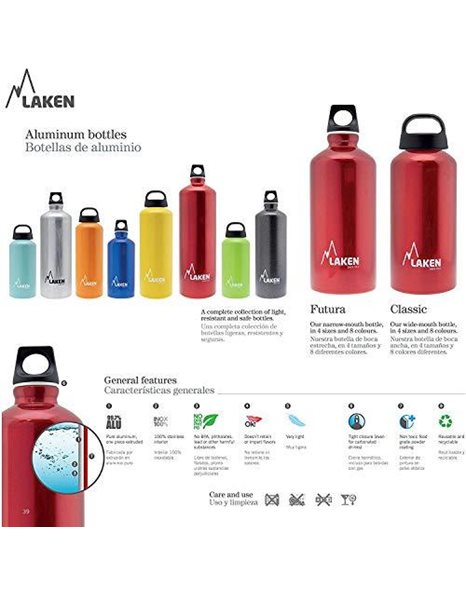 LAKEN Futura Water Bottle with Narrow Mouth, Single Wall Lightweight Aluminum BPA Free, Leak-Proof Screw Cap, 1 Litre, Aluminum