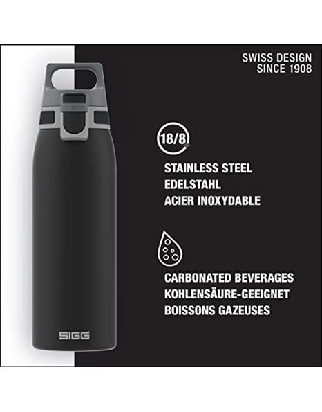 SIGG - Stainless Steel Water Bottle - Shield ONE Black - Suitable For Carbonated Beverages - Leakproof - Lightweight - BPA Free - Black - 0.75 L
