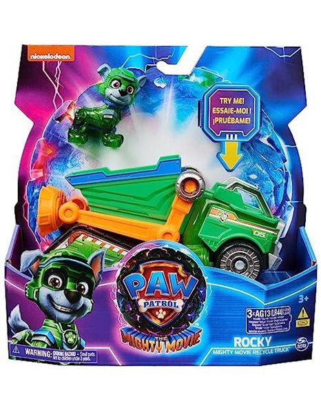 Paw Patrol: The Mighty Movie Toy Recycling Lorry with Rocky Mighty Pups Action Figure, Lights and Sounds, Kids’ Toys for Boys and Girls 3+