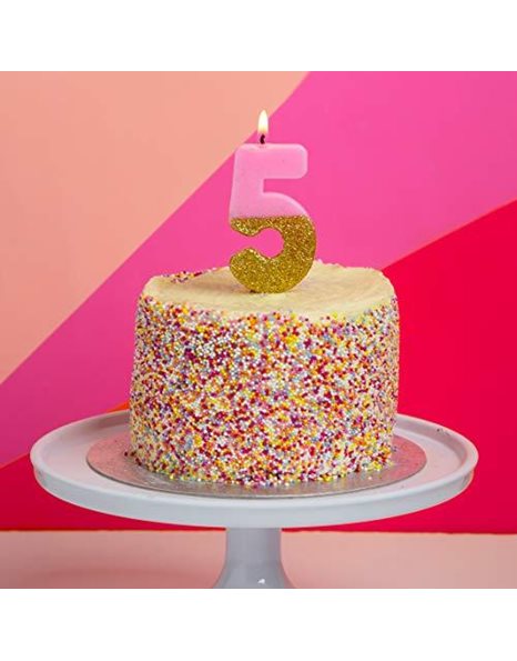 Talking Tables Bday Pink Number 5 Five Candle with Gold Glitter | Premium Quality Cake Topper Decoration | Pretty, Sparkly for Kids, Adults, 50th Birthday Party, Anniversary, Milestone Age, Wax