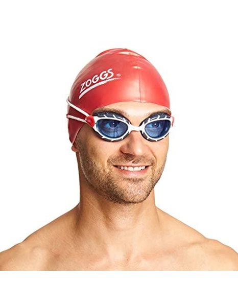 Zoggs Predator Adult Swimming Goggles, UV protection swim goggles, Pulley Adjust Comfort Goggles Straps, Fog Free Swim Goggle Lenses, Zoggs Goggles Adults Ultra Fit, Tinted, White/Red, Small