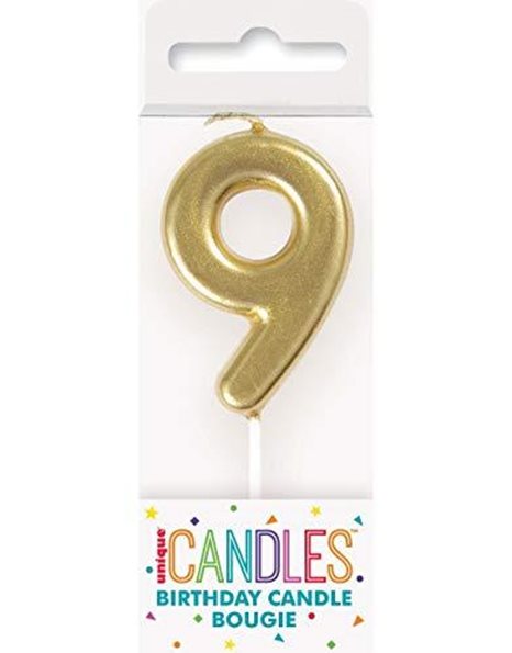 Unique Party 19959 Mini Birthday Candle Number 9-4.72" | Gold | Metallic | 1 Pc