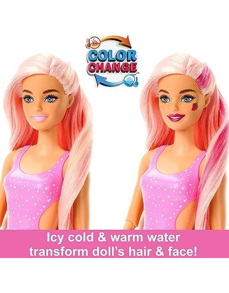 Barbie Pop Reveal Fruit Series Doll, Colour-Changing Barbie Doll with Pink Hair, 8 Surprises Including Slime and Squishy Puppy, Strawberry Lemonade Scent, Toys for Ages 3 and Up, One Doll, HNW41