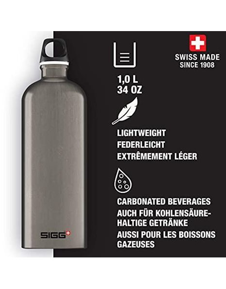 SIGG - Aluminium Water Bottle - Traveller Smoked Pearl - Climate Neutral Certified - Suitable For Carbonated Beverages - Leakproof - Lightweight - BPA Free - Smoked Pearl - 1 L