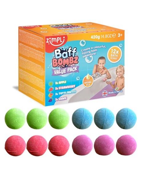 12 x Bath Bombs from Zimpli Kids, Moisturizing Spa Bath Bombs Gift Set, Birthday Present for Children, Party Bag Fillers Favours, Rewards, Organic & Vegan Friendly, Bath Fizzers, Fizzies, Non-Toxic