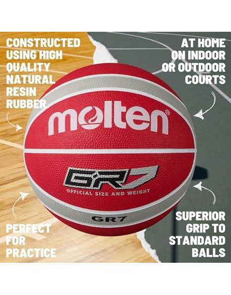 Molten GR Basketball, Indoor/Outdoor, Premium Rubber, Size 7, Impact Colour Red/White/Silver, Suitable For Boys age 14 & Adult (BGR7-WRS)