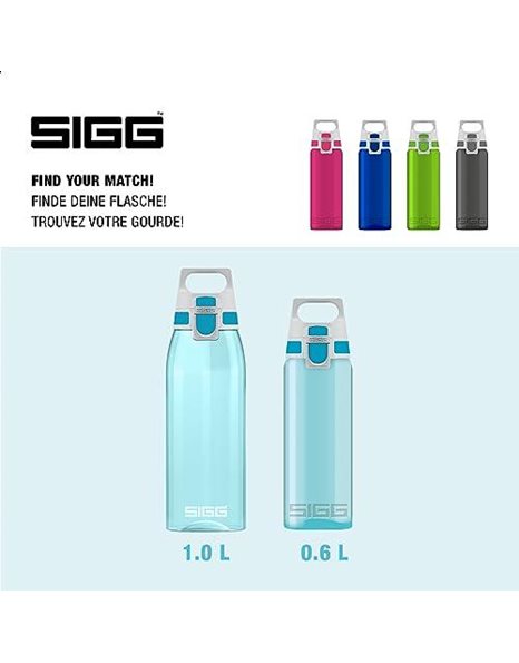 Sigg - Tritan Water Bottle - Total Color ONE - Suitable For Carbonated Beverages - Dishwasher Safe - Leakproof - Featherweight BPA Free - 0.6L / 1L, Aqua