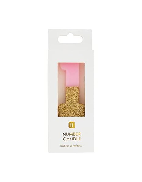 Pink Number 1 One Birthday Candle with Gold Glitter | Premium Quality Cake Topper Decoration | Pretty, Sparkly For Kids, Adults, Teenagers, 1st Birthday Party, 18th, 21st, Anniversary, Milestone Age