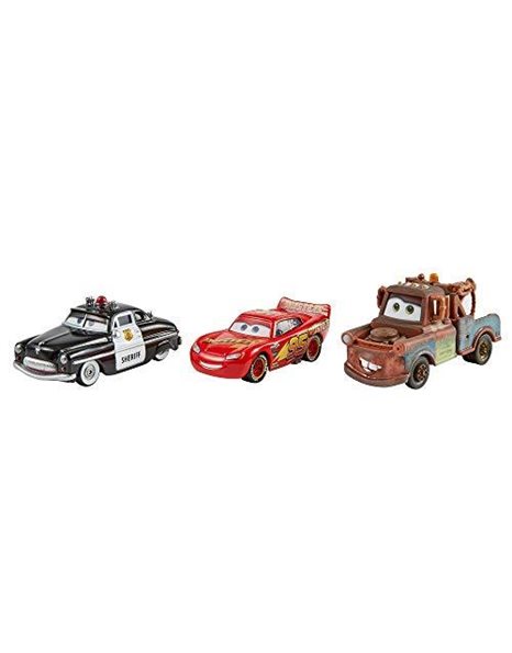 Disney and Pixar Cars Toys, Radiator Springs 3-Pack with Lightning McQueen, Mater and Sheriff Die-Cast Toy Cars, HBW14