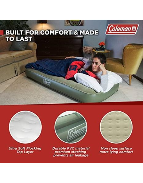Coleman Airbed Comfort Bed Single, Camping Mat, Flocked Air Bed, Inflatable Air Mattress, Blow Up Bed, 188 x 82 x 22 cm,Green