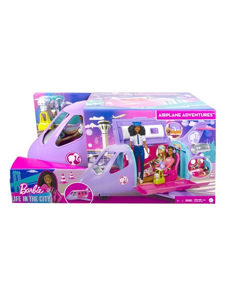 Barbie Life in the City Airplane Adventures, Barbie Doll with Brown Hair, Purple Barbie Airplane, Toy Puppy and 15 Doll Accessories, Toys for 3 Years and Up, One Doll, One Puppy and One Plane, HCD49