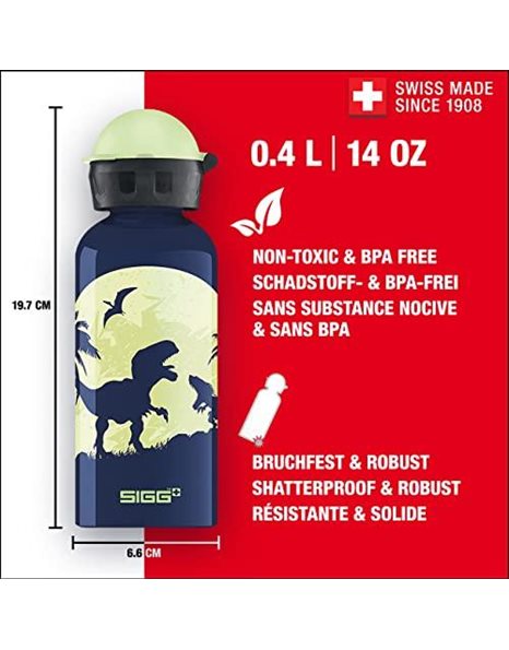SIGG - Aluminium Kids Water Bottle - KBT GlowIn The DarkMoon Dinosaurs - Leakproof - Lightweight - BPA Free - Climate Neutral Certified - Dark Blue - 0.4L