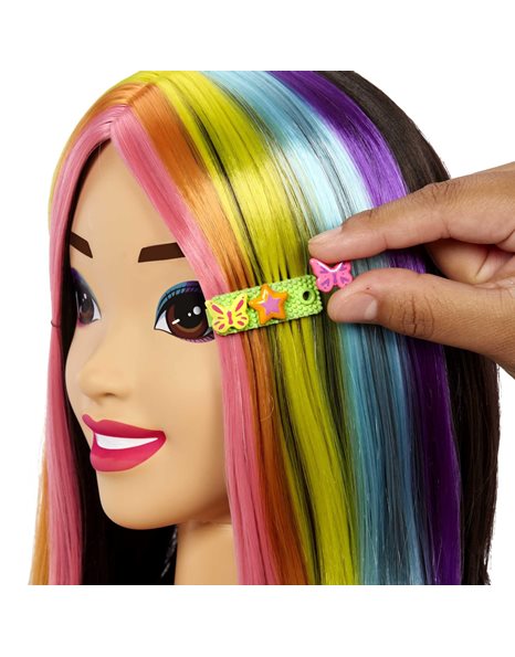 Barbie Doll Deluxe Styling Head with Color Reveal Accessories and Straight Black Neon Rainbow Hair, Doll Head for Hair Styling, HMD81