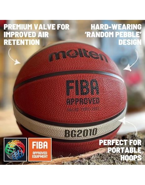 Molten BG2010 Basketball, Indoor/Outdoor, FIBA Approved, Premium Rubber, Deep Channel, Size 6, Orange/Ivory, Suitable For Boys age 12, 13, 14 and Girls age 14 & Adult
