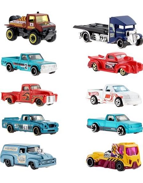 Hot Wheels Trucks 10-Pack, 10 Toy Semi-Trucks, Pickups, Construction Trucks, Big Rigs & Haulers, Modern & Retro Models, Gift for Kids, HMK46
