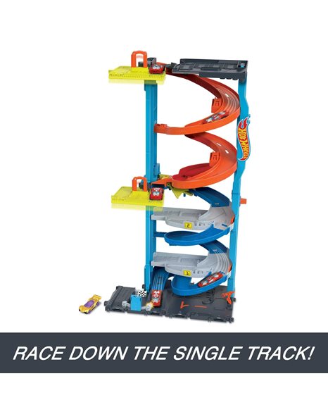 Hot Wheels City Racetrack, Transforming Race Tower, 2-in-1 Tower Mode or Race Mode for Single or Dual Racing, Includes 1 Toy Car in 1:64 Scale, Toys for Ages 3 and Up, One Pack, HKX43