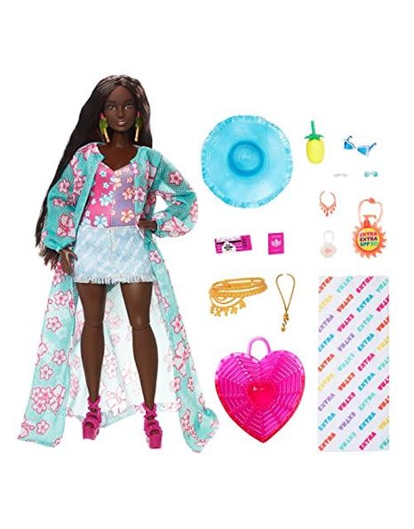?Travel Barbie Doll with Beach Fashion, Barbie Extra Fly, Hat and Tropical Coverup with Oversized Bag, HPB14