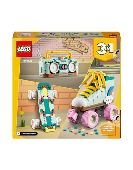LEGO Creator 3in1 Retro Roller Skate to Mini Skateboard Toy to Boom Box Radio, Set for 8 Plus Year Old Girls, Boys & Kids, Great Desk Decoration or Bedroom Accessories, Gifts for Music Lovers 31148
