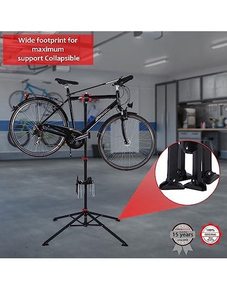 Ultrasport Bicycle Assembly Stand, stable bicycle assembly stand, for repair work on all bicycle models, paint-friendly Quick Lock clamp, magnetic tool tray, maximum. 30 kg, Black/Red