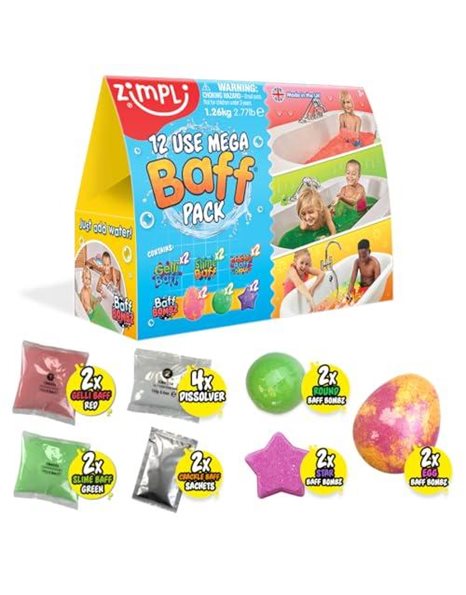 12 Use Mega Baff Pack from Zimpli Kids, 6 x Bath Bombs, 2 x Gelli Baff, 2 x Slime Baff & 2 x Crackle Baff, Childrens Value Sensory Bath Toy Gift Set, Birthday Present for Boys & Girls, Water Toy