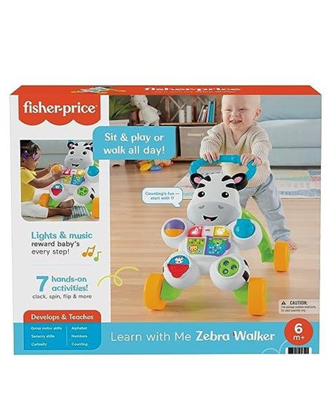 Fisher-Price Learn With Me Zebra Walker | First Steps Baby Walker Push Along Toy with Lights, Music, Baby Girl and Baby Boy Toys | Hands-On Toddler Baby Push Along Walker | UK English Version, GXC31