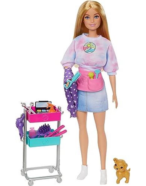 Barbie “Malibu” Stylist Doll & 14 Accessories Playset, Hair & Makeup Theme with Puppy & Styling Cart, HNK95