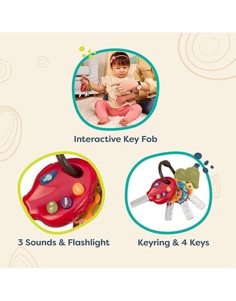 B. – Toy Car Keys – 4 Keys & Keyring – Lights & Sounds Remote – Baby Teether – 10 Months + – LucKeys - Tomato