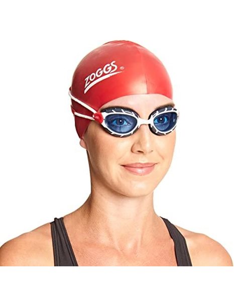 Zoggs Predator Adult Swimming Goggles, UV protection swim goggles, Pulley Adjust Comfort Goggles Straps, Fog Free Swim Goggle Lenses, Zoggs Goggles Adults Ultra Fit, Tinted, White/Red, Small