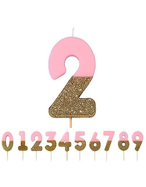 Talking Tables Bday Pink Number 2 Two Candle with Gold Glitter | Premium Quality Cake Topper Decoration | Pretty, Sparkly for Kids, Adults, 21st Birthday Party, Anniversary, Milestone Age, Wax