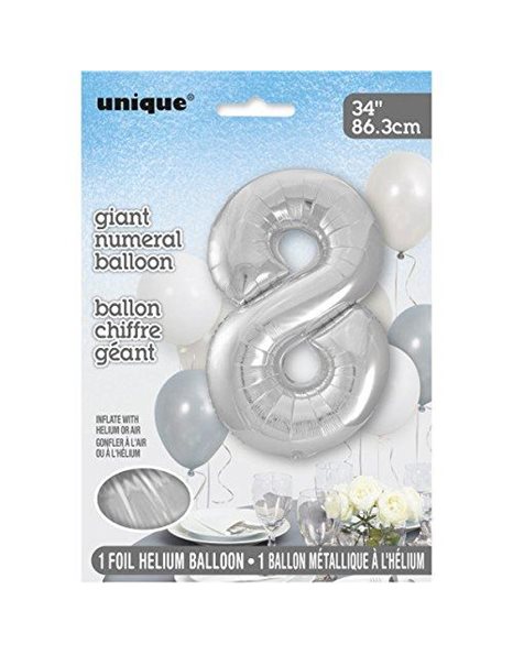 Unique Party 53828 - 34" Giant Silver Foil Number 8 Balloon