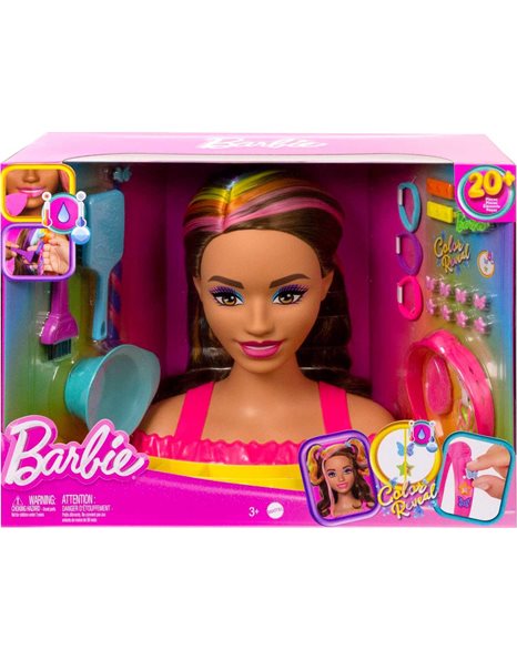 Barbie Doll Deluxe Styling Head with Color Reveal Accessories and Wavy Brown Neon Rainbow Hair, Doll Head for Hair Styling, HMD80