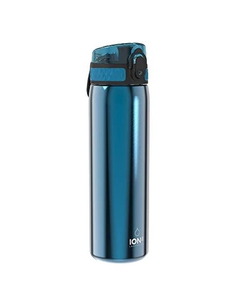 Ion8 Steel Water Bottle, 600ml, Leak Proof, One-Finger Open, Dishwasher Safe, Hygienic Flip Cover, Fits Cup Holders, Spill-free On-The-Go, Carry Handle, Durable, Metallic Blue